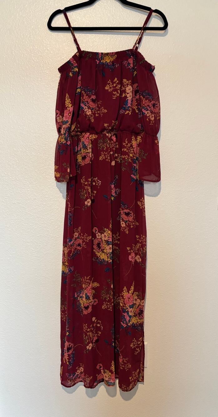As U Wish Juniors Size Medium Red Floral Sheer Bell Sleeves Illusion Maxi Dress
